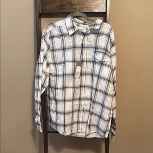 Men's White and Navy Plaid Shirt